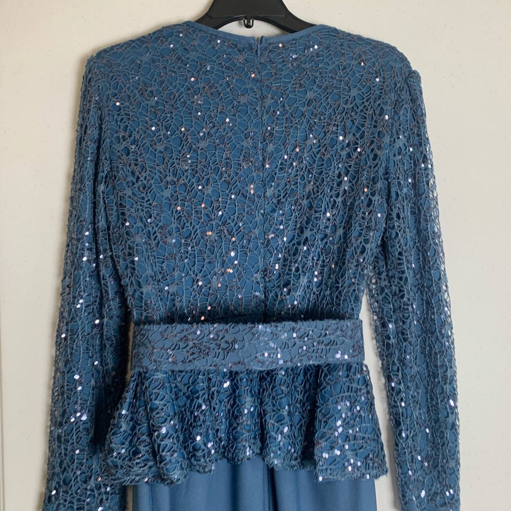 Modest Evening Dress Teal Blue long sleeve Stretch Sequins belt Sz 44 (Turkey) - Picture 13 of 17